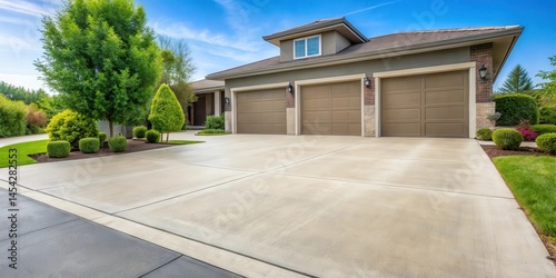 A smooth concrete driveway in a suburban setting with a few trees and a garage on either side, highway, smooth concrete driveway