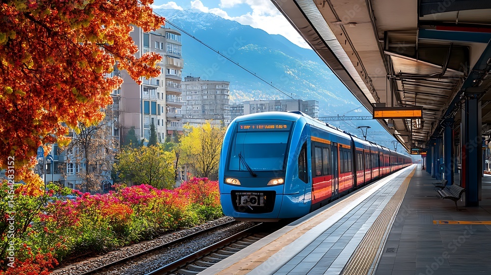 Naklejka premium Autumnal Train Journey: A Scenic Railway Ride Through Colorful Foliage