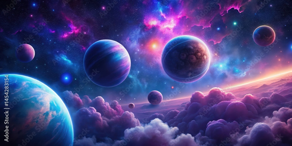 Distant exoplanets in a galaxy surrounded by blue gas clouds Distant exoplanets in a galaxy surrounded by blue gas clouds