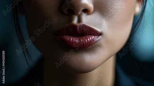 Close up of woman mouth and lips with dark lipstick, teeth visible, smooth skin, beauty and texture in soft light for online tutoring