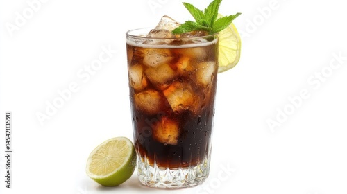 Cuba Libre cocktail in highball glass with fresh garnish, isolated on white background, transparent PNG style photo