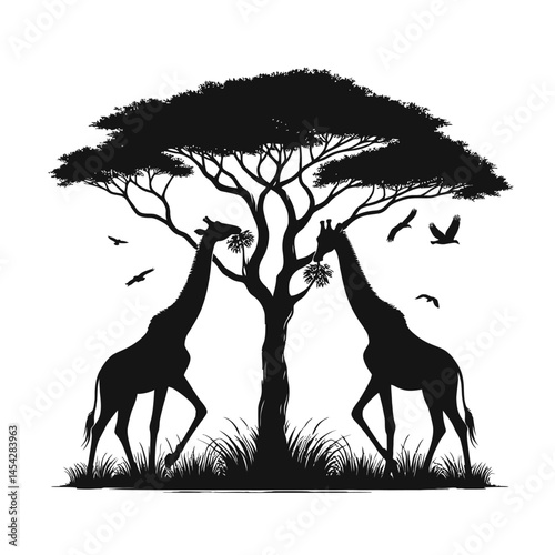 Zoo Giraffe Silhouette Eating Leaves Illustration