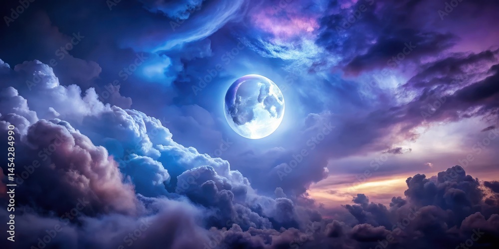 Fototapeta premium Luminous moon glows through dark storm clouds in an ominous night sky with deep blues and purples , night, moon, night