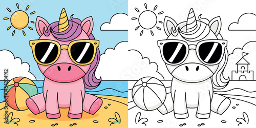 Cute Unicorn with Sunglasses Coloring Page at the Beach