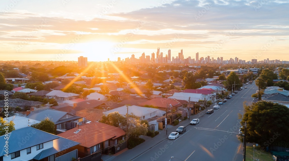 Obraz premium Residential area meets cityscape, golden sunset illuminating