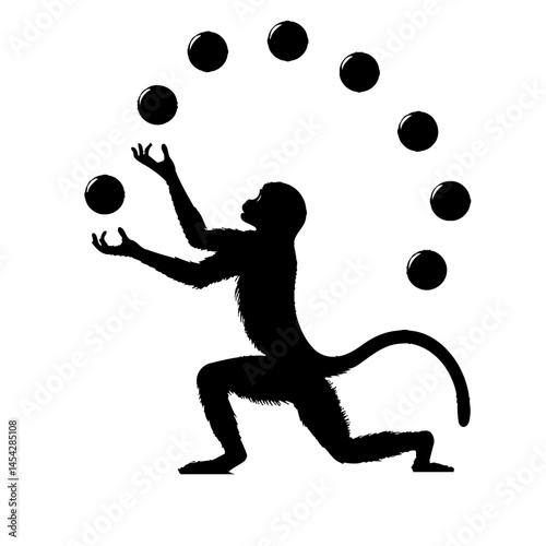 Circus Monkey Juggling Silhouette on White Art