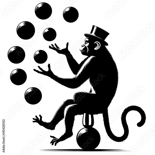 Circus Monkey Juggling Flat Silhouette Vector