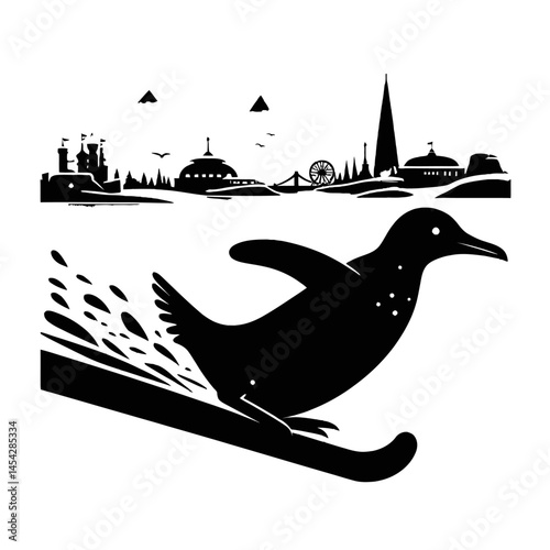 Penguin sliding on ice silhouette zoo scene isolated white background