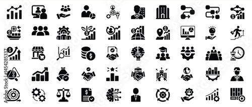Business and finance icon set depicting growth and success with black graphics