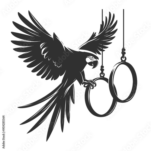 Flying parrot silhouette through circus rings isolated on white
