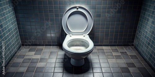A toilet seat with an open lid, revealing a tiled restroom floor with a glimpse of dark tiles and a faint reflection of the sink area