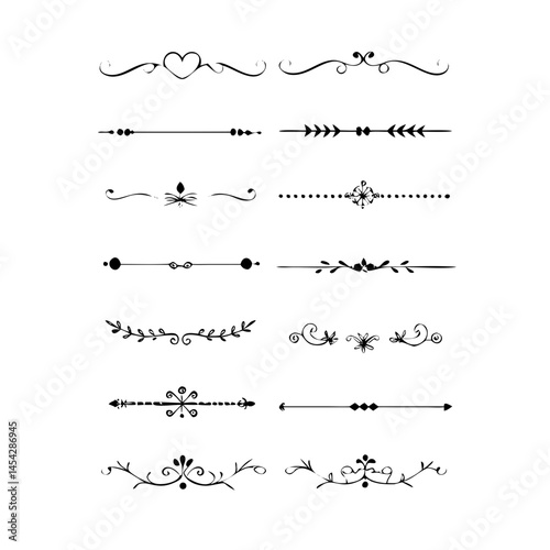  Text dividers doodle set. Wedding decorative elements. Divider ornament, borders, vintage line separators. Hand drawn vector illustration isolated on white background. Gold text dividers doodle set. 
