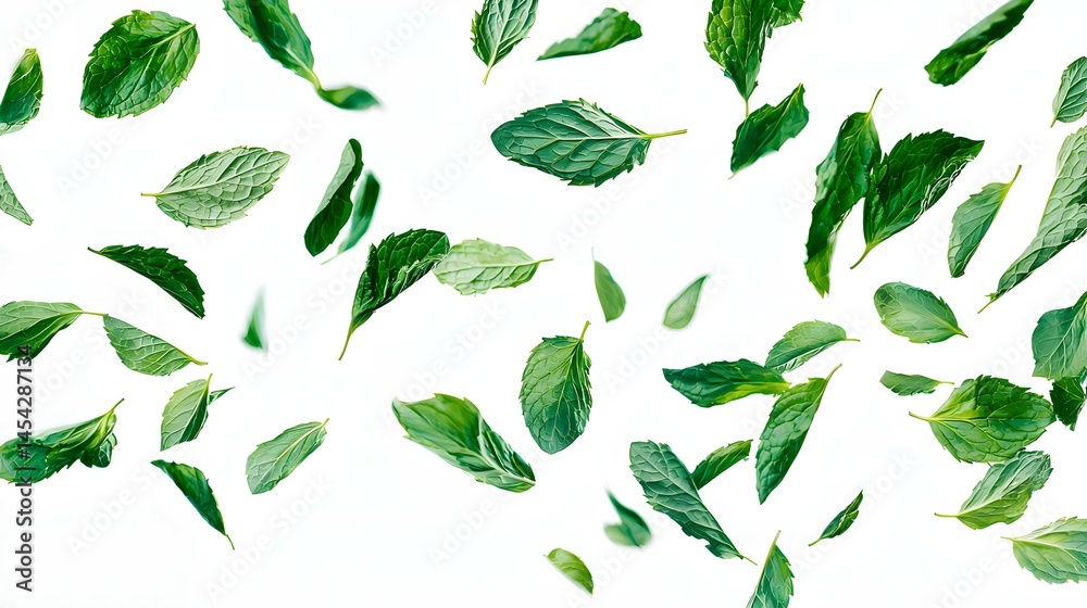 Falling fresh mint leaves isolated on a white background