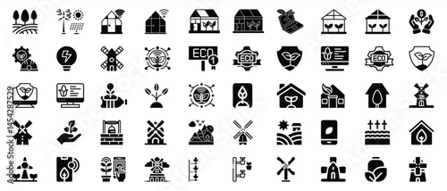 Modern eco farming and sustainable agriculture icon set for environmental awareness