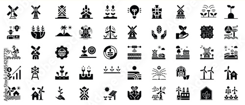 Collection of vector icons representing sustainable agriculture and renewable energy sources