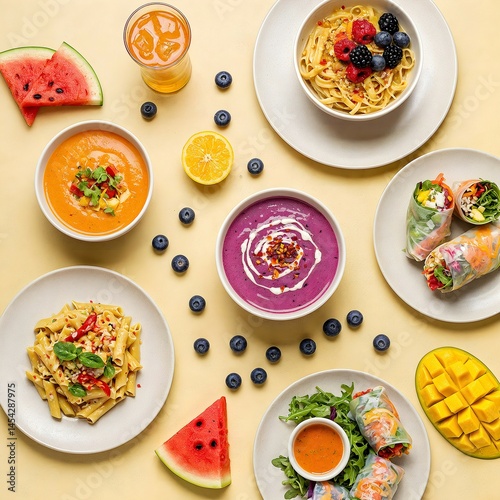 Colorful assortment of fruits beautifully arranged on pastel background in flat-lay style
