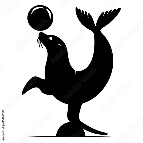 Cute seal balancing ball silhouette circus theme white vector