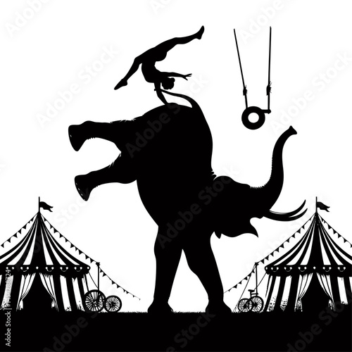 Circus elephant handstand performance silhouette vector white background