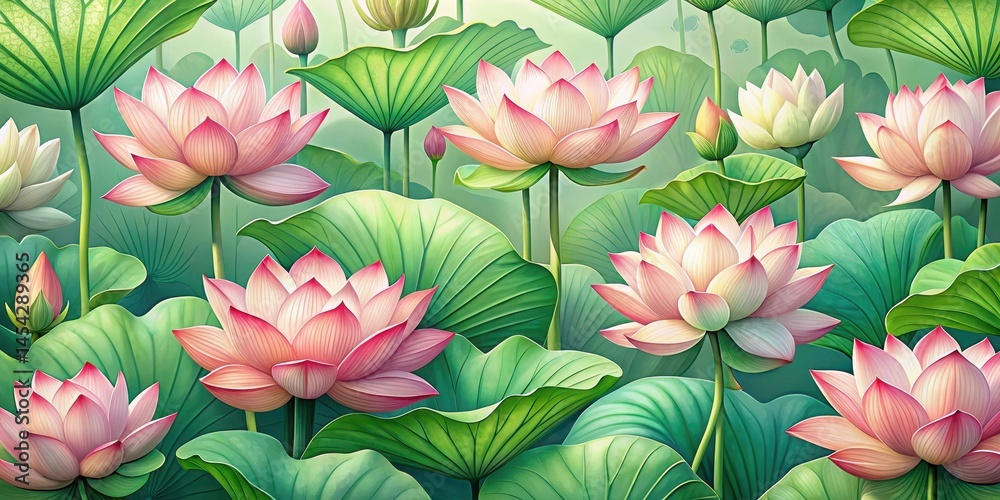 Fototapeta premium Elegant lotus flowers in a floral seamless pattern with lush green leaves and stems, creating a serene and natural atmosphere, organic style, leaf design