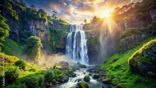 Dramatic waterfall cascading down rugged rocky cliffs amidst lush green vegetation and sunlight filtering through the mist
