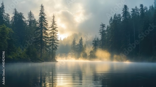 Early morning mist in a forest, sunlight filtering through trees over a calm river