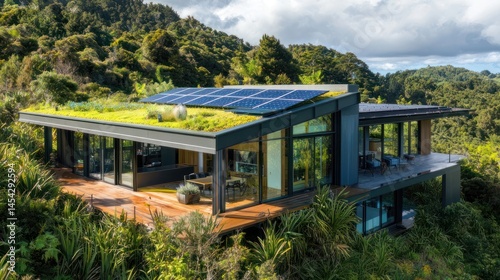 Eco-friendly modern house with green roof, solar panels, surrounded by lush landscape