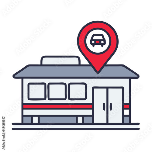 Car Service Station Building with Location Pin Icon  