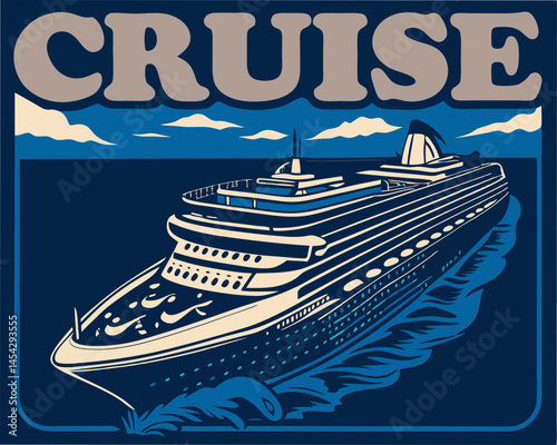 Vintage cruise ship graphic design in blue and beige colors  