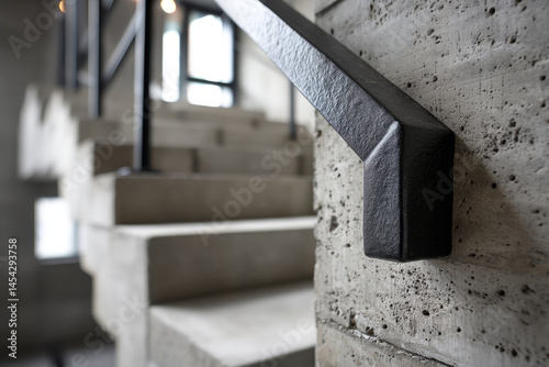Minimalist concrete staircase with black metal handrail