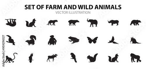  Collection of vector silhouette of farm and wild animal. Symbol of nature and creatures