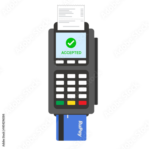 Card Payment Accepted on POS Terminal with RuPay Credit Card and Receipt Vector Graphics
