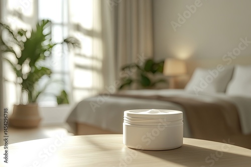Cream jar on a wooden table in a bedroom with natural light.  Sunlight illuminates the room.  Plants and a bed are visible in the background