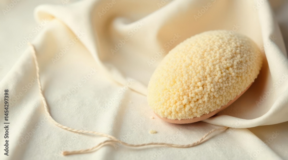 Cream-colored textured exfoliating bath sponge rests on soft fabric with twine Cream-colored textured exfoliating bath sponge rests on soft fabric with twine