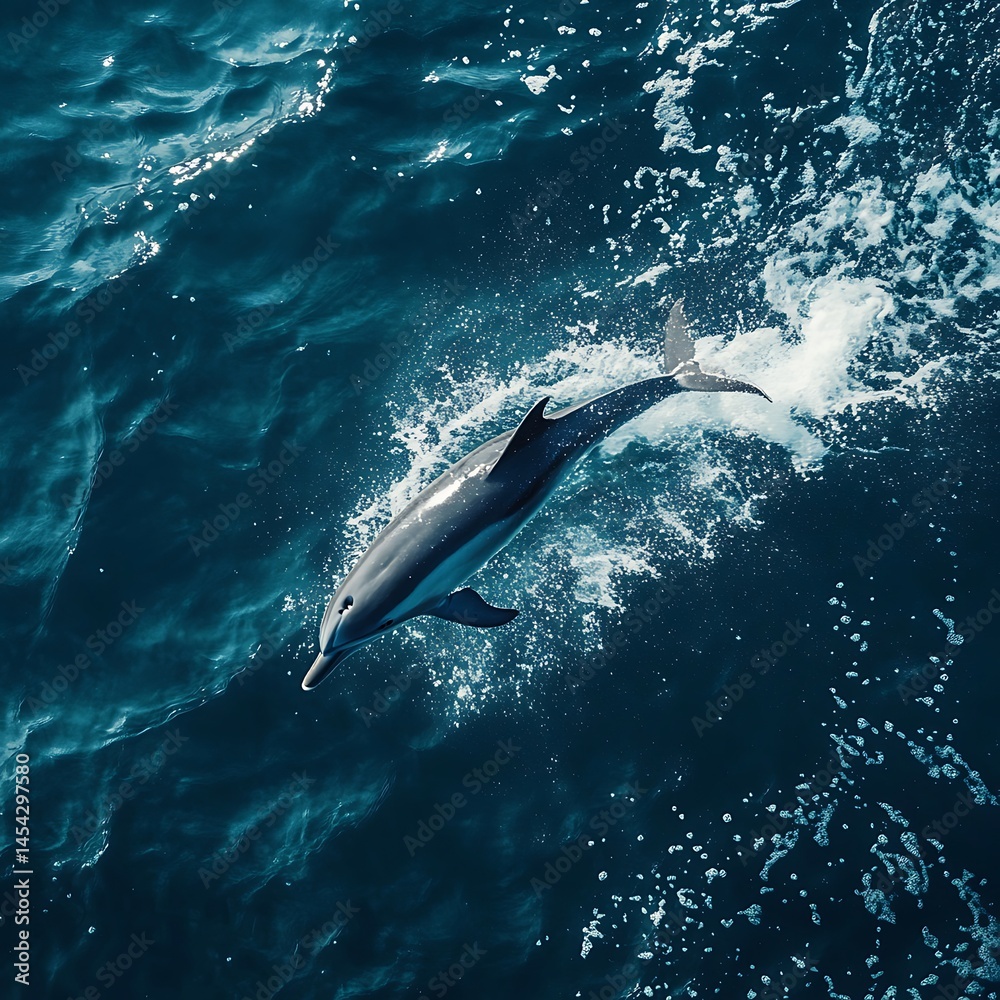 Naklejka premium Dolphin gliding through the deep blue sea with splashing water.