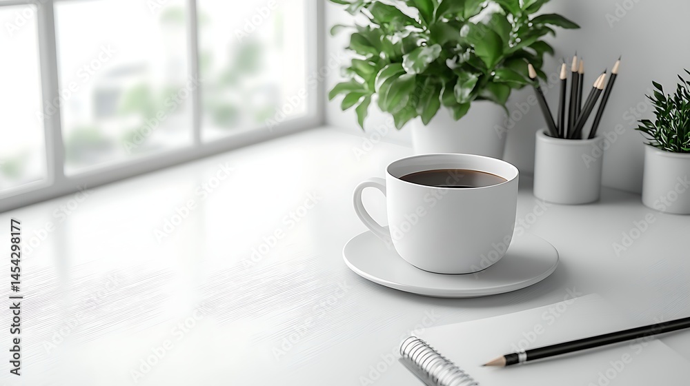 Cozy workspace with cup of coffee, notepad and pencils next to indoor greenery Cozy workspace with cup of coffee, notepad and pencils next to indoor greenery
