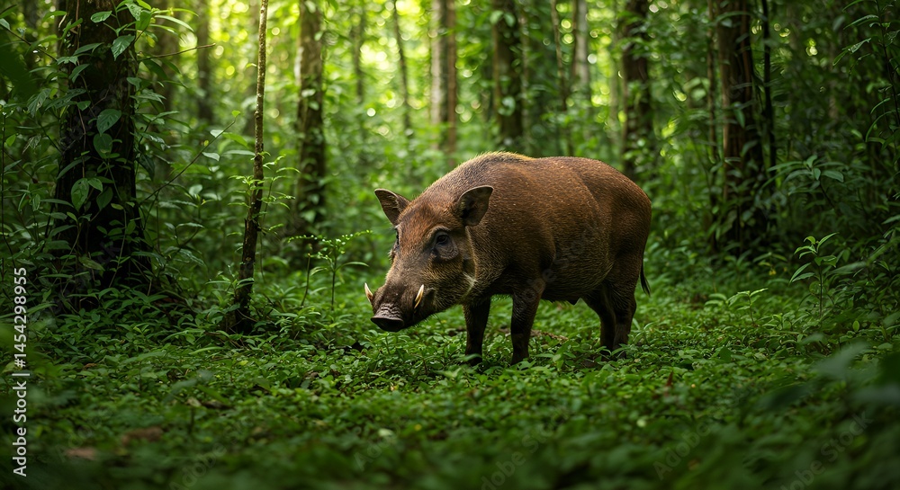 Obraz premium A wild boar walking through a lush tropical forest. 
