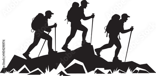 Three hikers sending a mountain silhouette, hiker silhouette, hiking man with rucksacks silhouette. Man with backpack vector design