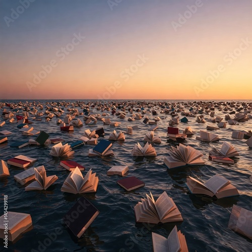 Books float in the ocean at sunset. photo