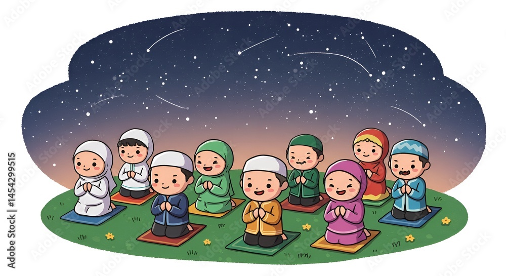 Naklejka premium Children are praying together outside under a beautiful night sky filled with stars and shooting stars.