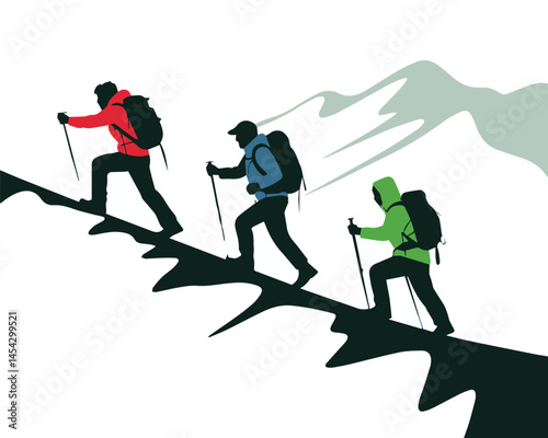 Three hikers sending a mountain silhouette, hiker silhouette, hiking man with rucksacks silhouette. Man with backpack vector design