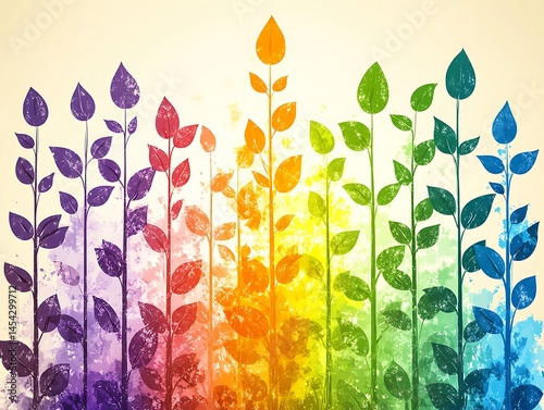 Colorful plant illustration, vibrant hues from purple to green, artistic design and painted look