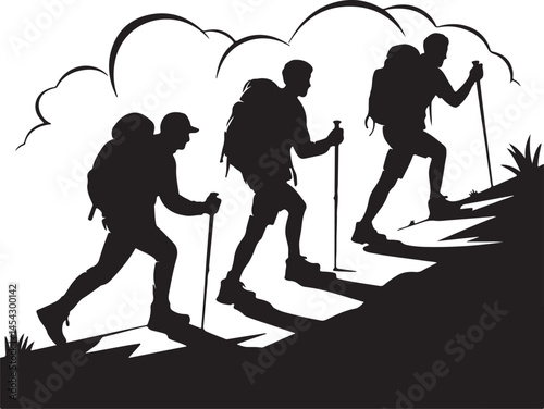 Three hikers sending a mountain silhouette, hiker silhouette, hiking man with rucksacks silhouette. Man with backpack vector design