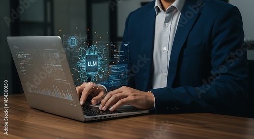 LLM and Custom AI Solutions with Businessman Training AI on Laptop