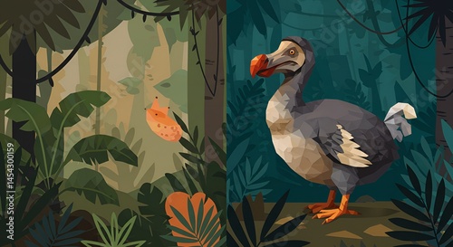A split-frame vector-style image depicting a stylized polygonal dodo bird on one side and a jungle with foliage and a snail on the other. 