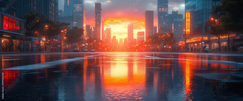 Naklejka premium Sunset Cityscape in Rain