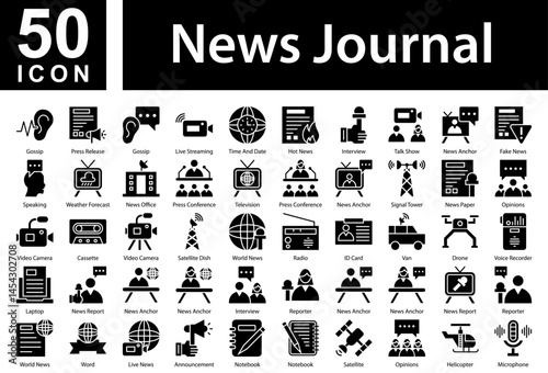 News Journal Icon Collection Set. Gossip,Press Release,Gossip,Live Streaming,Time And Date,Hot News,Interview ,Talk Show,News Anchor,Fake News,Speaking,Weather Forecast,  Icon Symple Glyph Vector