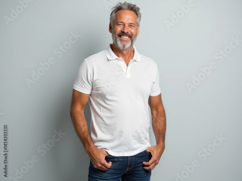 Hombre de mediana edad sonriente con jeans casuales y camisa polo de pie sobre un fondo sólido gris photo