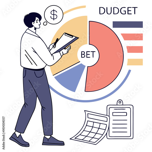 Budget planning, financial expense or spending allocation, investment, income, saving percentage pie chart, cost tracking 
or debt management concept, businessman analyze budget allocation pie chart v