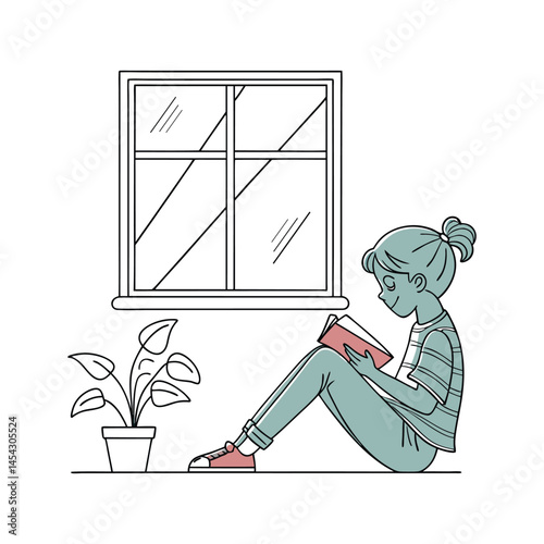 A charming illustration of a girl engrossed in reading a book, seated on a windowsill.