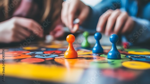 Photograph of game piecesâ€”orange, blue, greenâ€”on a colorful game board with hands reaching for them.